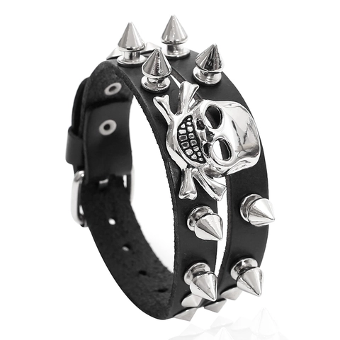 Punk Rock Cowhide Leather Bracelet For Men Women Skull Crossbones Pendant Rivet Spike Decorative Adjustable Wristband Jewelry Gift