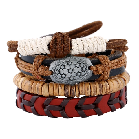 Pulsera de Cuero de Vaca Multicapa Retro para Hombre Tejida Bohemia Cuerda de Cera Cáñamo Cuentas Madera Joyería