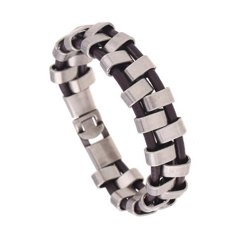 Herren Vintage Punk Geflochtenes Rindsleder Armband Mit Antik Silber Legierung Geometrischen Ornamenten Industrie Stil Schmuck