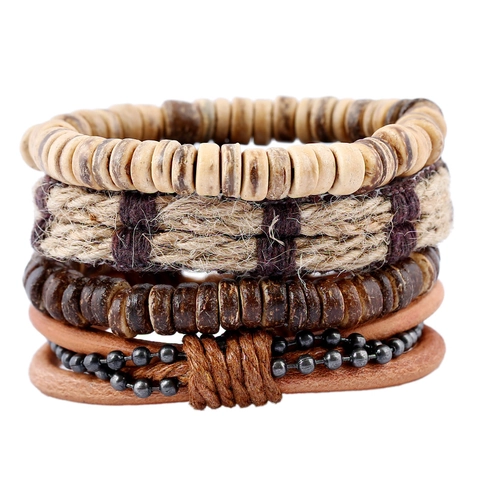 Set di Braccialetti in Pelle Intrecciata Multistrato Vintage da Uomo Corda di Canapa Fatta a Mano Perline di Cocco Gioielli Etnici