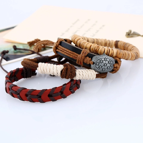 Pulsera de Cuero de Vaca Multicapa Retro para Hombre Tejida Bohemia Cuerda de Cera Cáñamo Cuentas Madera Joyería
