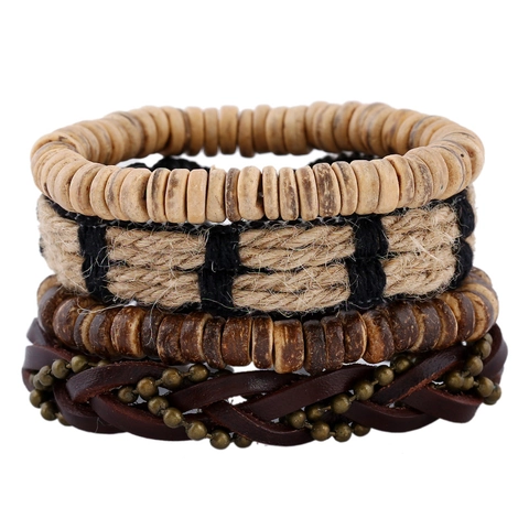 Colección de Pulseras de Cuero de Vaca Tejidas Retro para Hombre Con Cuerda de Cáñamo de Cáscara de Coco Joyería Étnica