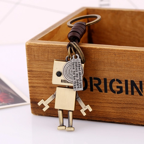 Portachiavi Robot in Pelle di Vacchetta Vintage in Lega di Bronzo Cordoncino Intrecciato Pendente per Borsa Uomo Donna