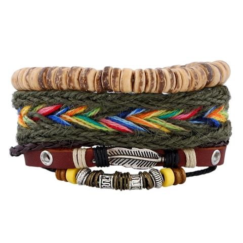 Vintage Bohemian Multi Layer Braided Leather Bracelet Men Women Ethnic Adjustable Hemp Rope Wood Bead Feather Charm Bracelet Jewelry
