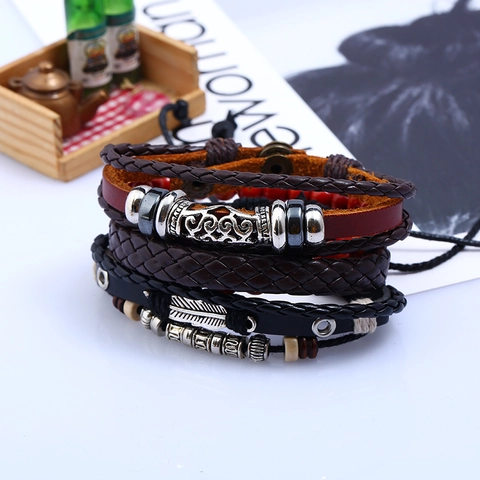 Retro Woven Cowhide Leather Bracelet Set For Men Punk Multilayer Feather Pendant Wood Beaded Wrap Bracelet Jewelry Gift