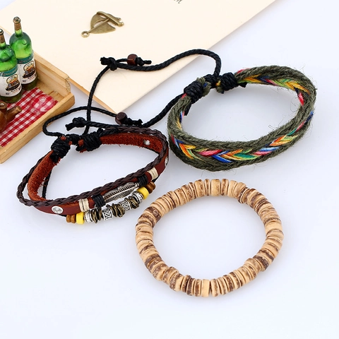 Vintage Bohemian Multi Layer Braided Leather Bracelet Men Women Ethnic Adjustable Hemp Rope Wood Bead Feather Charm Bracelet Jewelry