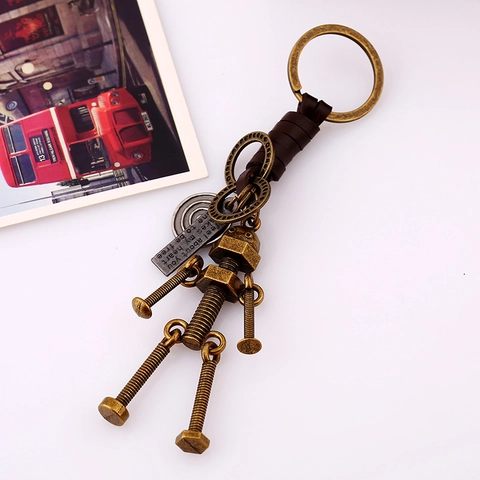 Llavero de Robot Industrial Vintage Extremidades Metálicas Móviles Cuero Genuino Llavero Estilo Punk Mecánico Accesorio Unisex