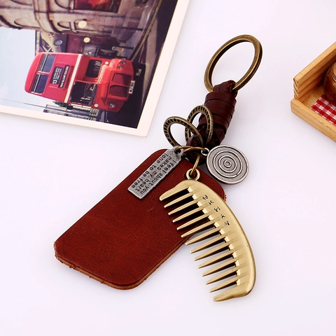 Retro Rindsleder Schlüsselanhänger Geflochtenes Leder Legierung Kamm Anhänger Vintage Schlüsselring Für Herren Damen Auto Schmuck