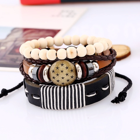 Vintage Punk Men Leather Bracelet Set Woven Cowhide Wood Beads Star Charm Multilayer Bohemian Wrap Bracelet Jewelry
