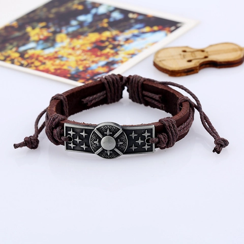 Bracciale in Pelle Intrecciata da Uomo Vintage Punk Fatto a Mano Regolabile in Pelle di Vacca Lega Stella Croce Gioielli Regalo