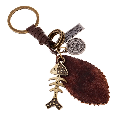 Portachiavi in Pelle Vintage a Lisca di Pesce Fatto a Mano Punk Ciondolo in Lega di Bronzo per Uomo Donna Retro Portachiavi Auto Regalo