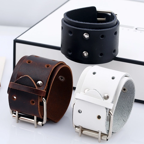 Bracciale in Pelle Punk Vintage da Uomo Largo Con Borchie in Metallo Fibbia Regolabile Biker Rock Gothic Polsino Gioielli Moda Regalo