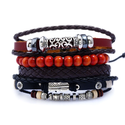 Retro Woven Cowhide Leather Bracelet Set For Men Punk Multilayer Feather Pendant Wood Beaded Wrap Bracelet Jewelry Gift