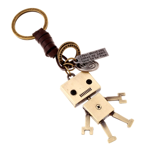Portachiavi Robot in Pelle di Vacchetta Vintage in Lega di Bronzo Cordoncino Intrecciato Pendente per Borsa Uomo Donna