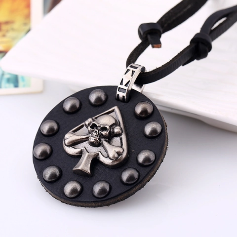 Collar de Pendiente de Cuero de Vaca Vintage Punk para Hombres Mujeres Hecho a Mano Aleación Calavera Pica Cadena Larga Joyería