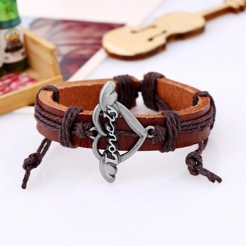 Bracciale in Pelle Intrecciata Retro Uomo Donna Ciondolo Cuore Ala Argento Antico Regolabile Bohemian Punk Gioielli Coppia