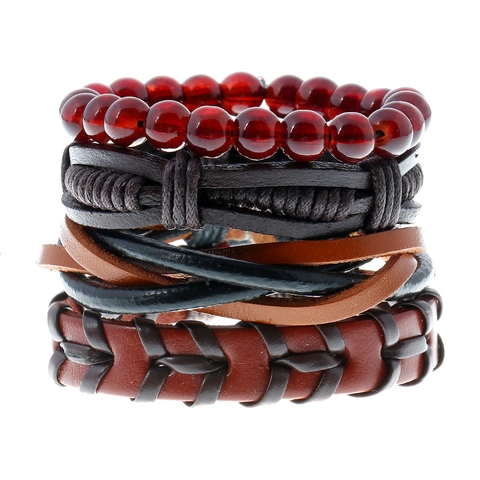 Vintage Men Cowhide Braided Bracelet Bohemian Punk Multi-layer Leather Wax Cord Beads Wristband Handmade Jewelry Gift