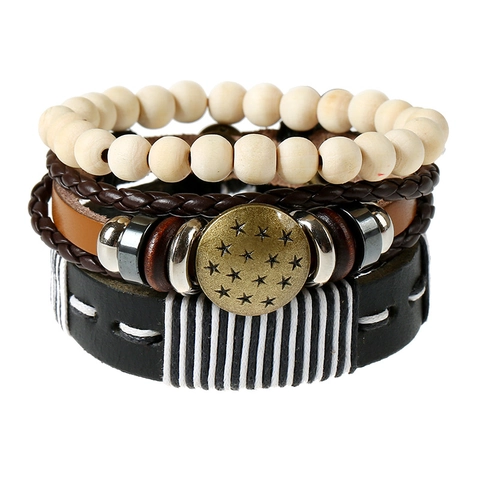 Vintage Punk Men Leather Bracelet Set Woven Cowhide Wood Beads Star Charm Multilayer Bohemian Wrap Bracelet Jewelry