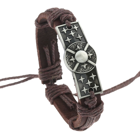 Bracciale in Pelle Intrecciata da Uomo Vintage Punk Fatto a Mano Regolabile in Pelle di Vacca Lega Stella Croce Gioielli Regalo