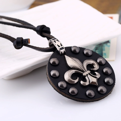 Vintage Punk Rindsleder Halskette Mit Fleur De Lis Legierung Anhänger Verstellbare Lange Kette Für Unisex Retro Schmuck