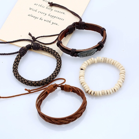 Set Bracciali Multistrato Vintage in Vera Pelle per Uomo Intrecciato in Pelle di Vacchetta Canapa Perline di Legno Ciondolo Geco Punk