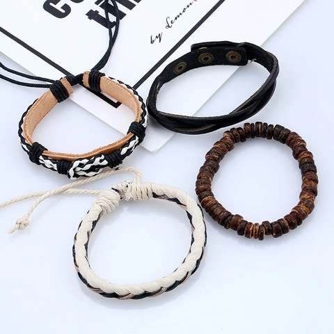 Men's Retro Leather Bracelet Set Vintage Woven Cowhide Rope Wood Bead Punk Style Jewelry Multi-layer Stackable Bracelets For Men