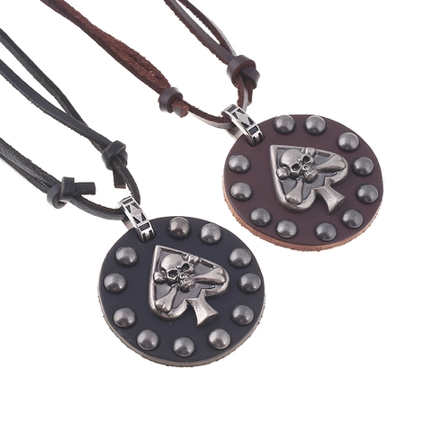 Collar de Pendiente de Cuero de Vaca Vintage Punk para Hombres Mujeres Hecho a Mano Aleación Calavera Pica Cadena Larga Joyería