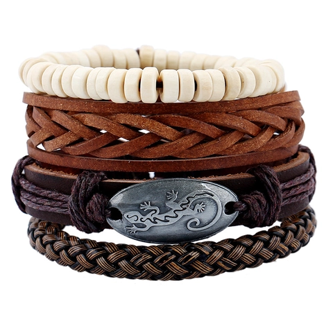 Set Bracciali Multistrato Vintage in Vera Pelle per Uomo Intrecciato in Pelle di Vacchetta Canapa Perline di Legno Ciondolo Geco Punk