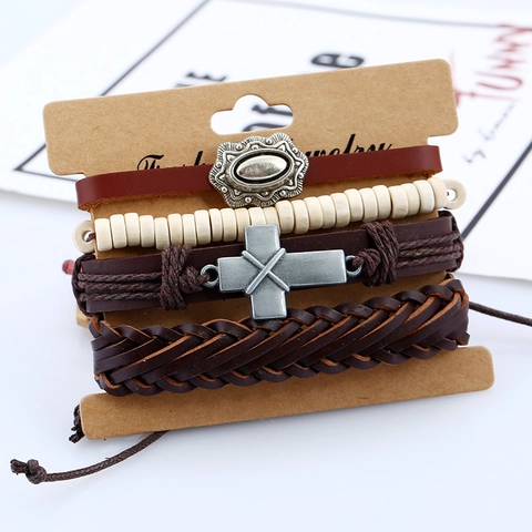 Vintage Multi-layer Leather Bracelet For Men Women Handmade Woven Alloy Cross Wood Bead Adjustable Ethnic Punk Style Wristband