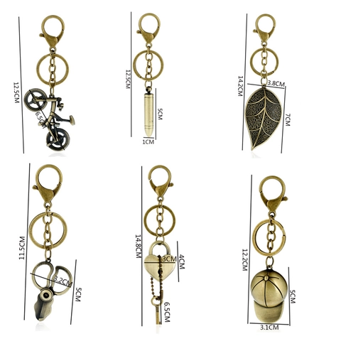 Vintage Bronze Legierung Schlüsselbund Fahrrad Herzschloss Schere Blatt Kugelform Tasche Charm Anhänger Retro Schmuck Schlüsselring