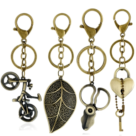 Vintage Bronze Legierung Schlüsselbund Fahrrad Herzschloss Schere Blatt Kugelform Tasche Charm Anhänger Retro Schmuck Schlüsselring