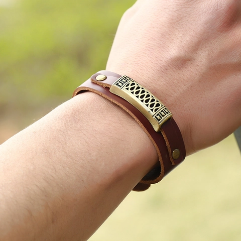 Handgemaakte Vintage Punk Rundleren Armband Voor Heren Dames Verstelbare Legering Brons Infinity Spiraal Metalen Plaat Cuff Armband Sieraad