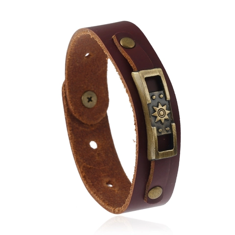 Vintage Punk Wide Cowhide Leather Bracelet Adjustable Brown Cuff Wristband With Alloy Sun Motif Handmade Jewelry For Men Women