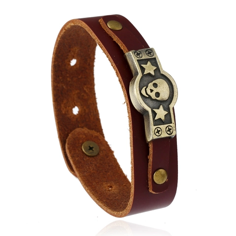 Vintage Punk Herren Rindsleder Armband Bronze Legierung Totenkopf Stern Anhänger Verstellbare Druckknopf Biker Rock Armreif Schmuck