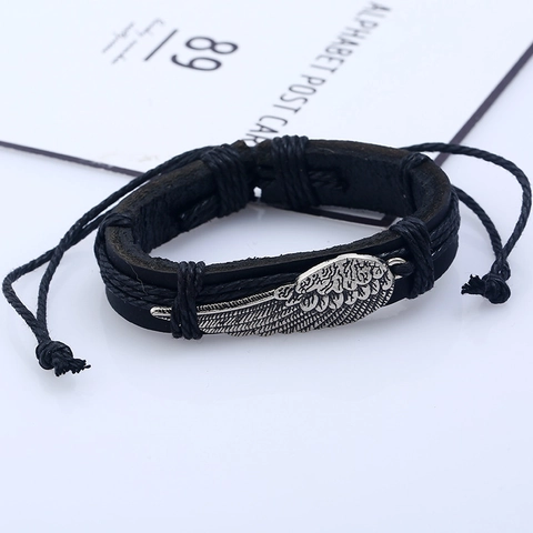 Retro Punk Handgewebt Rindsleder Armband Silber Legierung Flügel Charme Verstellbar Kordel Armband Für Herren Damen Schmuck