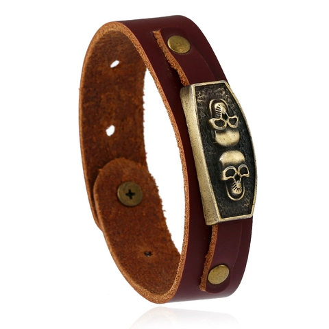 Bracciale Vintage Punk in Vera Pelle di Vacchetta con Teschio per Uomo Braccialetto Retrò in Lega con Rivetti e Borchie Gioielli Gothic Rock