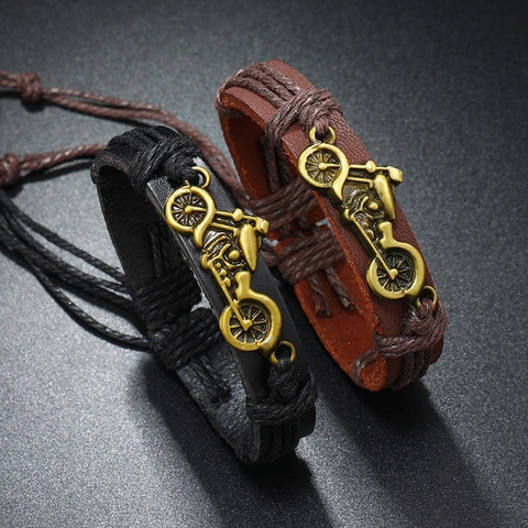 Bracciale Vintage in Pelle di Vacchetta Intrecciata per Uomo Donna Punk Lega Ciondolo Moto Bracciale Regolabile Gioielli