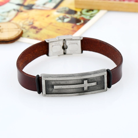Bracciale da Uomo in Vera Pelle di Vacchetta Retrò Acciaio Inossidabile Lega Croce Ciondolo Punk Street Style Fatto a Mano Gioielli