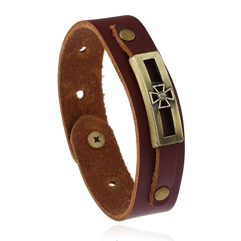 Vintage Cowhide Leather Punk Bracelet For Men Women Retro Cross Motif Alloy Rivet Wide Adjustable Handmade Bangle Jewelry Gift
