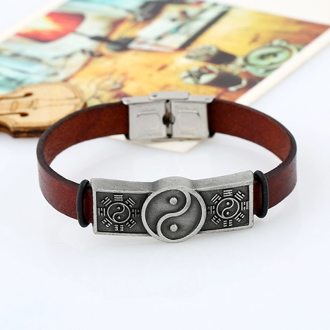 Vintage Rindsleder Armband Für Herren Yin Yang Bagua Legierung Anhänger Edelstahl Schnalle Verstellbar Punk Ethno Schmuck