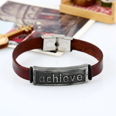 Vintage Herren Lederarmband Achieve Metallplatte Rindsleder Armreif Edelstahlverschluss Retro Punk Schmuck Geschenk Für Unisex