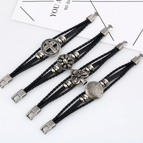Men's Punk Vintage Genuine Cowhide Leather Braided Bracelet With Skull Cross Indian Chief Alloy Pendant Jewelry