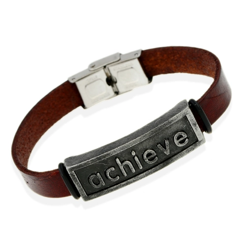 Vintage Herren Lederarmband Achieve Metallplatte Rindsleder Armreif Edelstahlverschluss Retro Punk Schmuck Geschenk Für Unisex