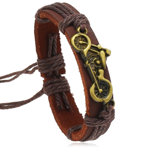 Bracciale Vintage in Pelle di Vacchetta Intrecciata per Uomo Donna Punk Lega Ciondolo Moto Bracciale Regolabile Gioielli