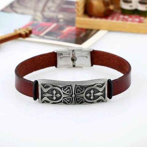 Vintage Herren Lederarmband Mit Edelstahlverschluss Retro Kreuz Totem Muster Handgefertigtes Rindsleder Armband Schmuck Geschenk