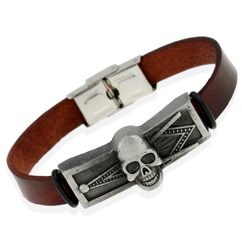 Pulsera de Cuero de Vaca Vintage para Hombre Con Amuleto de Calavera de Aleación y Acero Inoxidable Marrón
