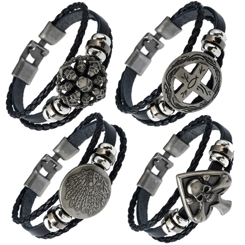 Men's Punk Vintage Genuine Cowhide Leather Braided Bracelet With Skull Cross Indian Chief Alloy Pendant Jewelry