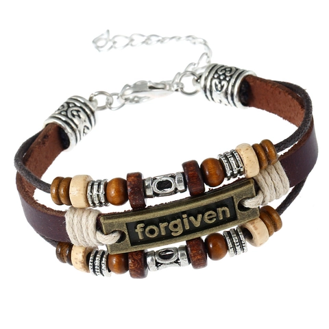 Vintage Leder Mehrlagiges Gewebtes Armband Forgiven Buchstaben Plakette Holzperlen Verstellbarer Punk Stil Schmuck Für Damen Herren