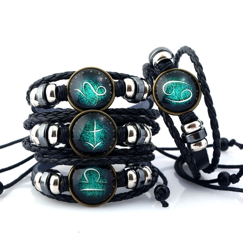 Bracciale in Pelle Intrecciata 12 Costellazioni Retro Uomo Donna Vintage Punk Galassia Vetro Zodiaco Gioielli Regolabili