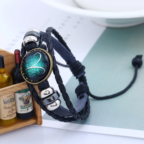 Bracciale in Pelle Intrecciata 12 Costellazioni Retro Uomo Donna Vintage Punk Galassia Vetro Zodiaco Gioielli Regolabili
